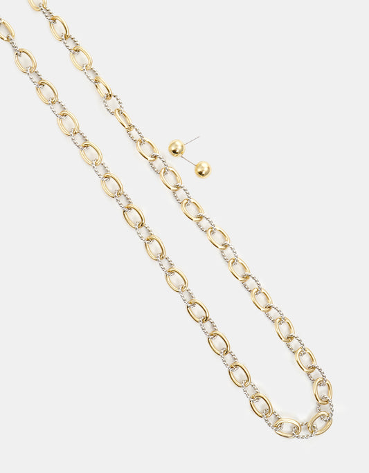 Metal Textured Chunky Chain Set With Earrings Long Necklace