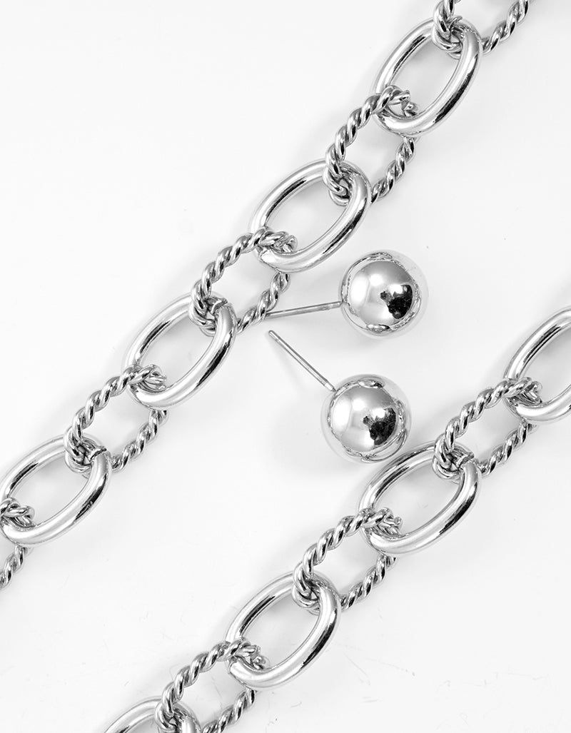 Metal Textured Chunky Chain Set With Earrings Long Necklace