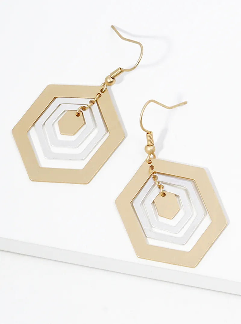 Metal Three Hexagon Dangle Drop Earrings