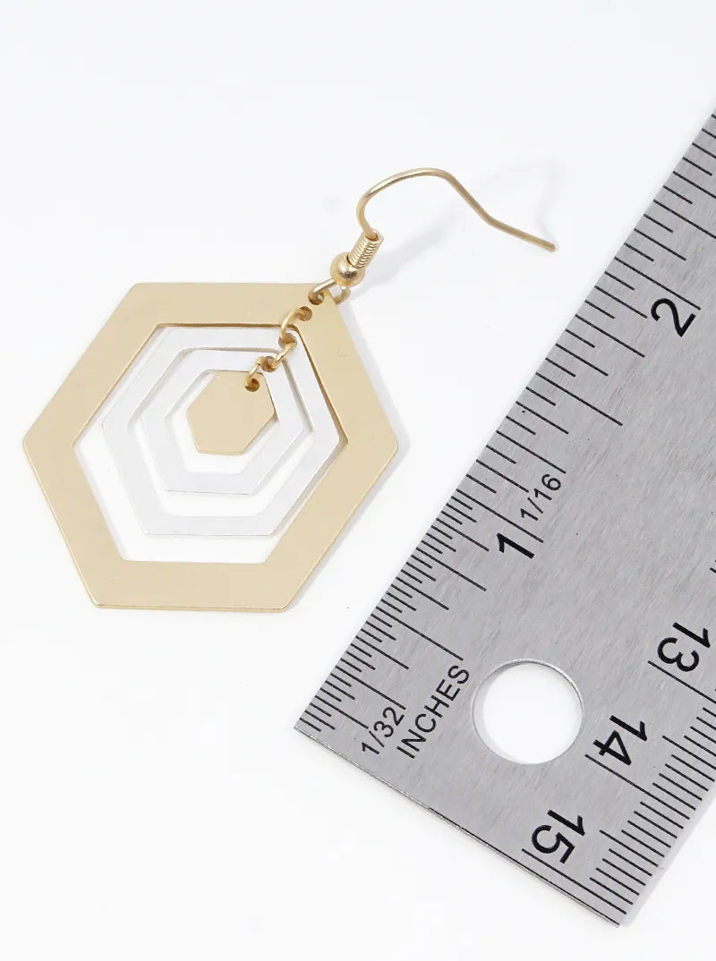 Metal Three Hexagon Dangle Drop Earrings