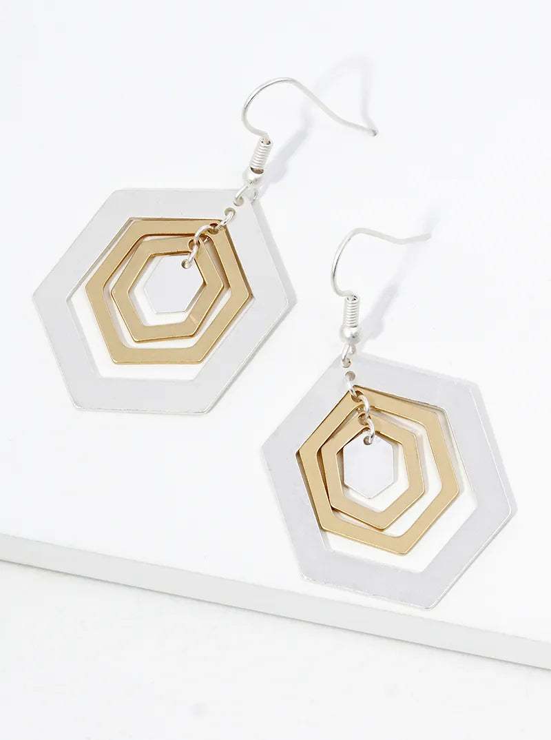 Metal Three Hexagon Dangle Drop Earrings