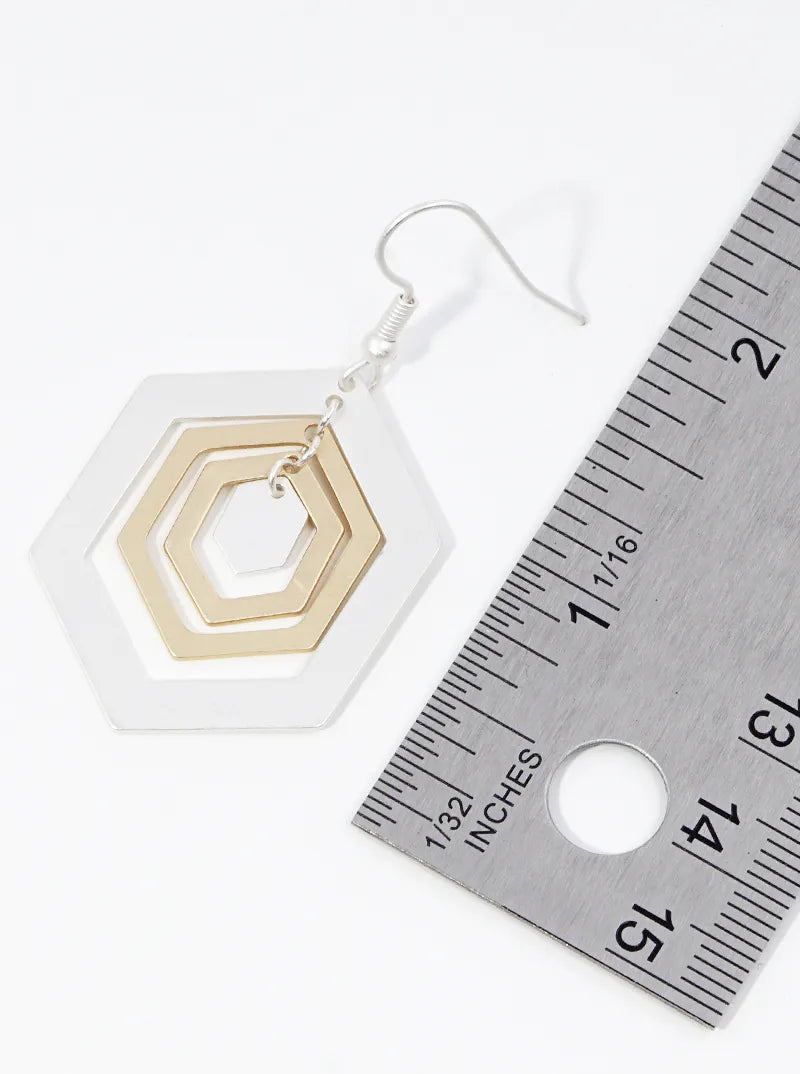 Metal Three Hexagon Dangle Drop Earrings