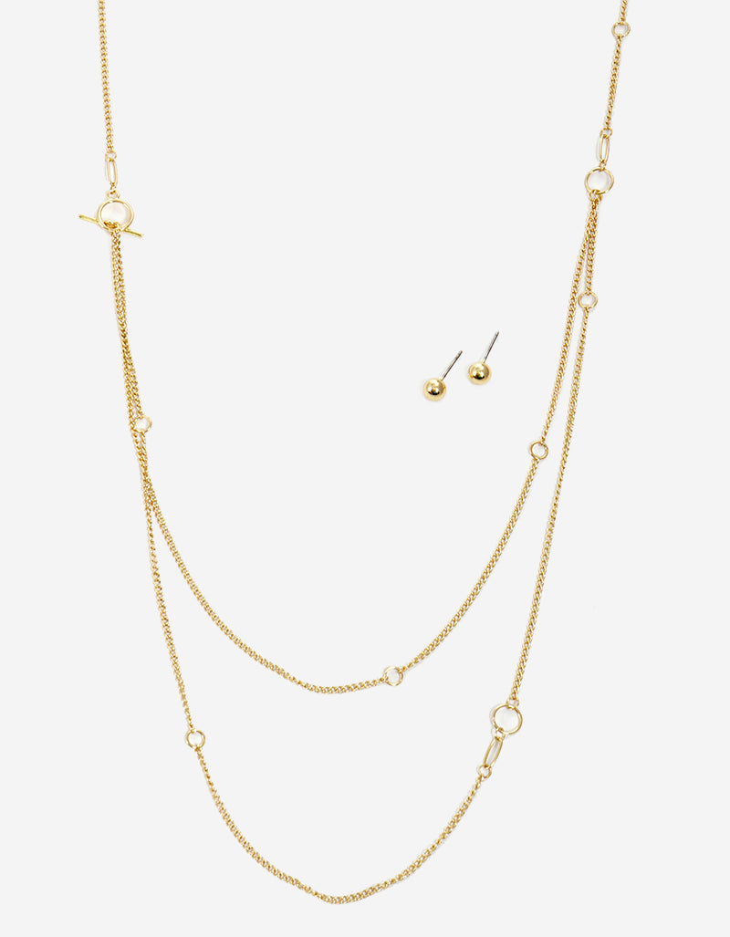 Metal Toggle Clasp Double Layered Set With Earrings Long Chain Necklace