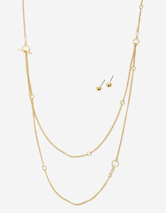 Metal Toggle Clasp Double Layered Set With Earrings Long Chain Necklace