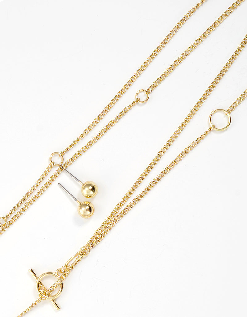 Metal Toggle Clasp Double Layered Set With Earrings Long Chain Necklace