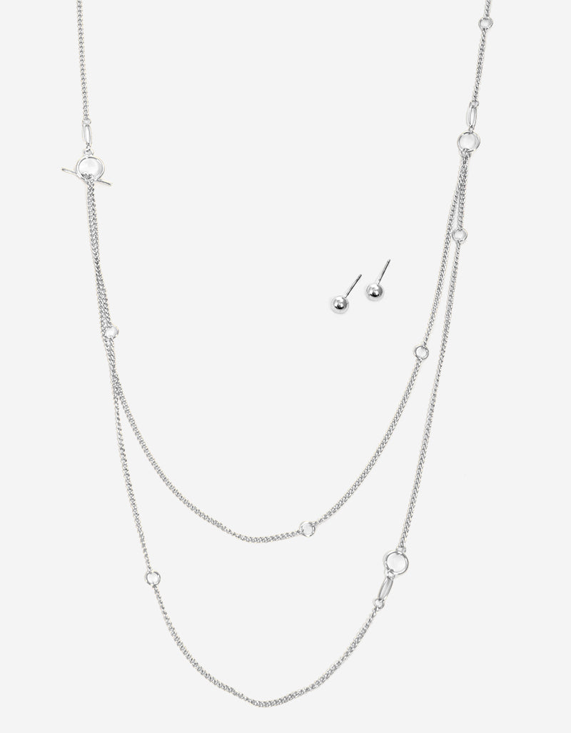 Metal Toggle Clasp Double Layered Set With Earrings Long Chain Necklace