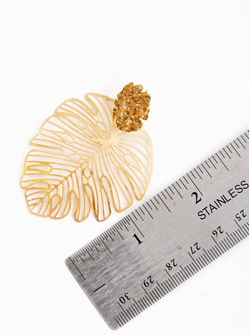 Metal Tropical Monstera Leaf Post Dangle Drop Earrings
