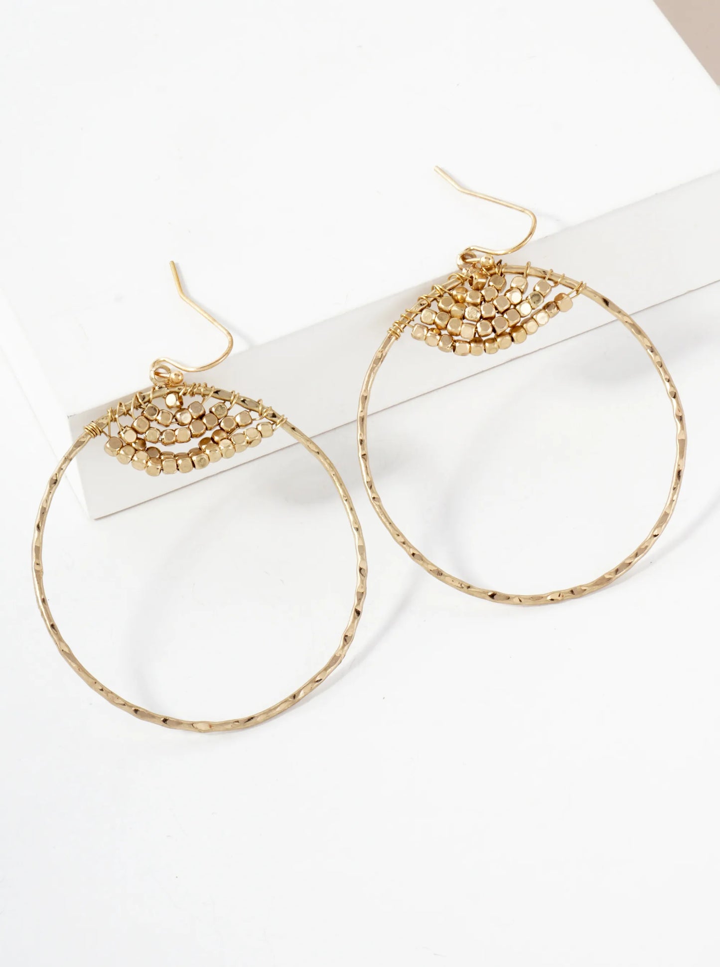 Metallic-Beaded Hammered-Texture Circle Drop Earrings