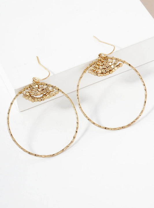 Metallic-Beaded Hammered-Texture Circle Drop Earrings