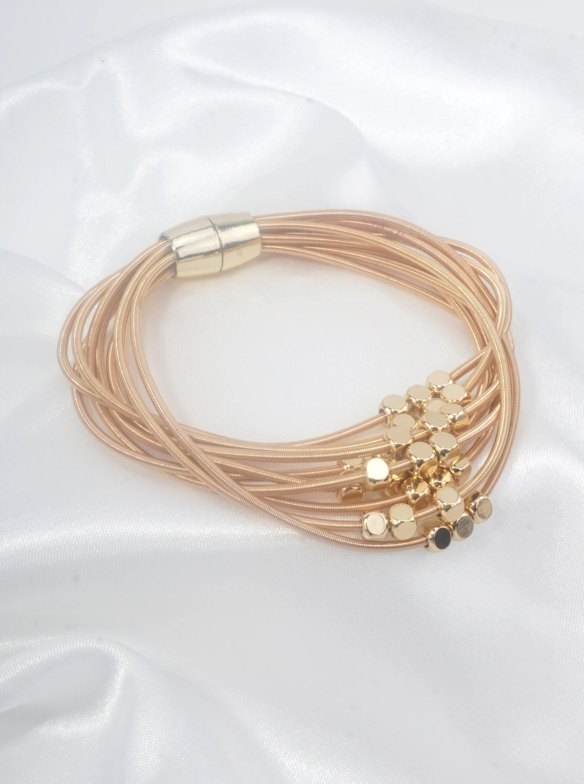 Metallic Beaded Multi-Layer Magnetic Closure Spring Wire Stretch Bracelet