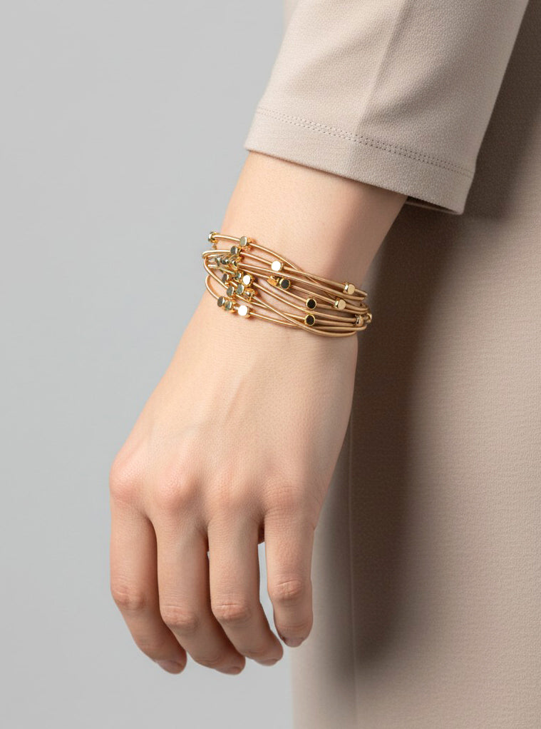 Metallic Beaded Multi-Layer Magnetic Closure Spring Wire Stretch Bracelet