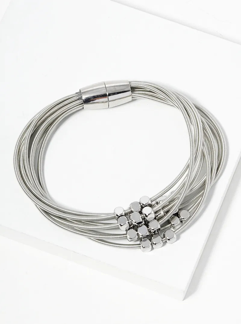 Metallic Beaded Multi-Layer Magnetic Closure Spring Wire Stretch Bracelet