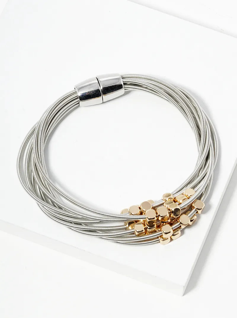 Metallic Beaded Multi-Layer Magnetic Closure Spring Wire Stretch Bracelet
