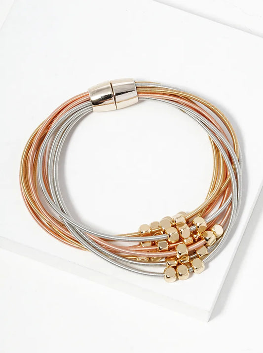 Metallic Beaded Multi-Layer Magnetic Closure Spring Wire Stretch Bracelet