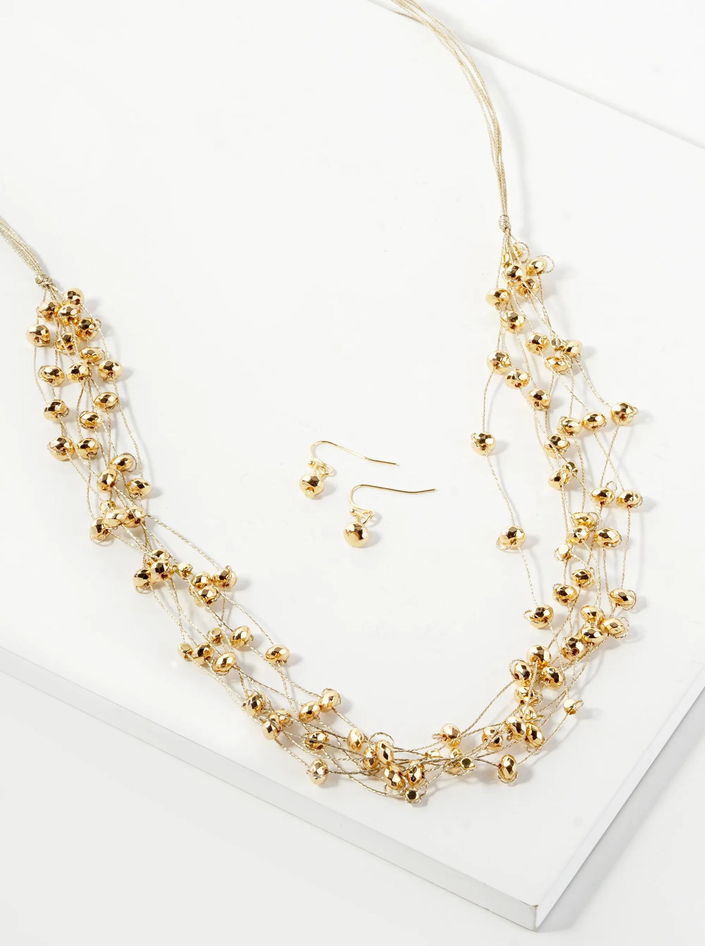 Metallic Beaded Multi-Strand Thread Long Necklace Set With Earrings