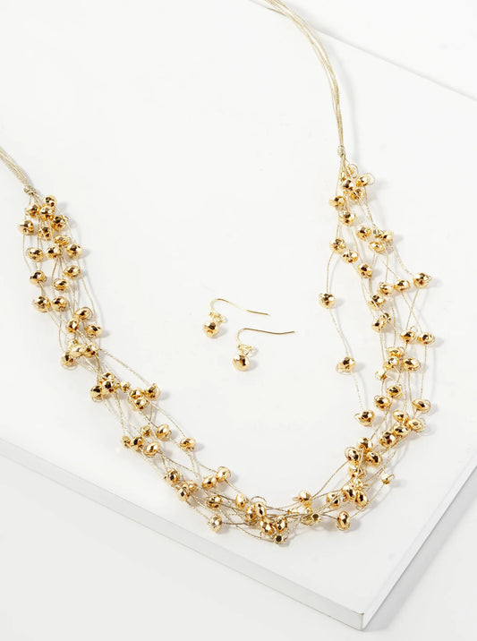 Metallic Beaded Multi-Strand Thread Long Necklace Set With Earrings