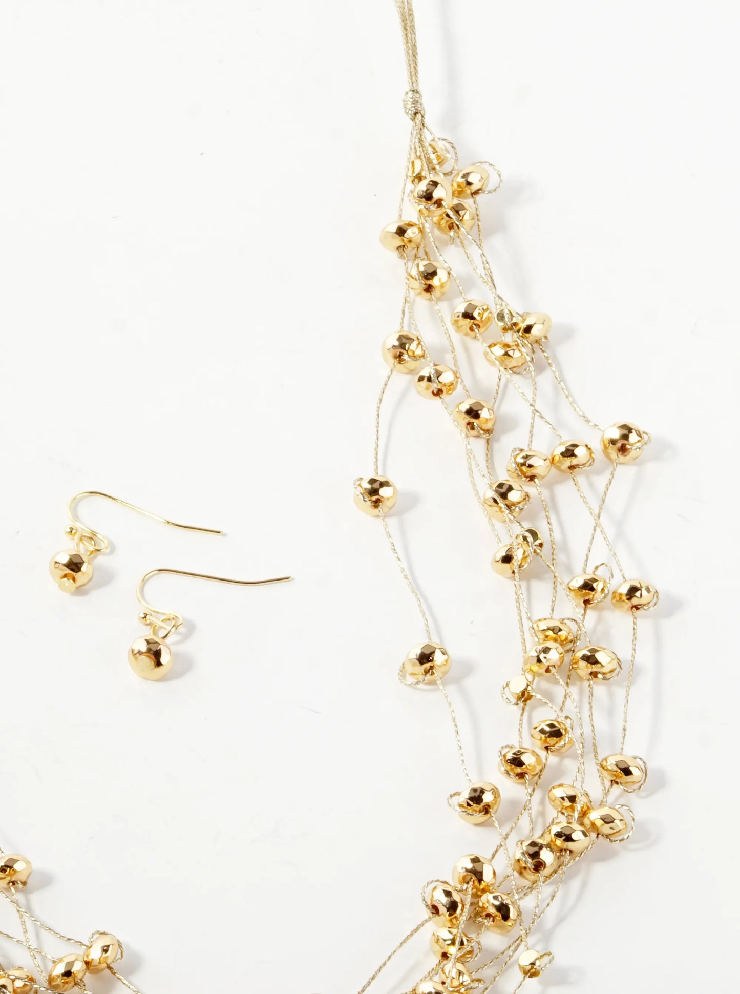 Metallic Beaded Multi-Strand Thread Long Necklace Set With Earrings