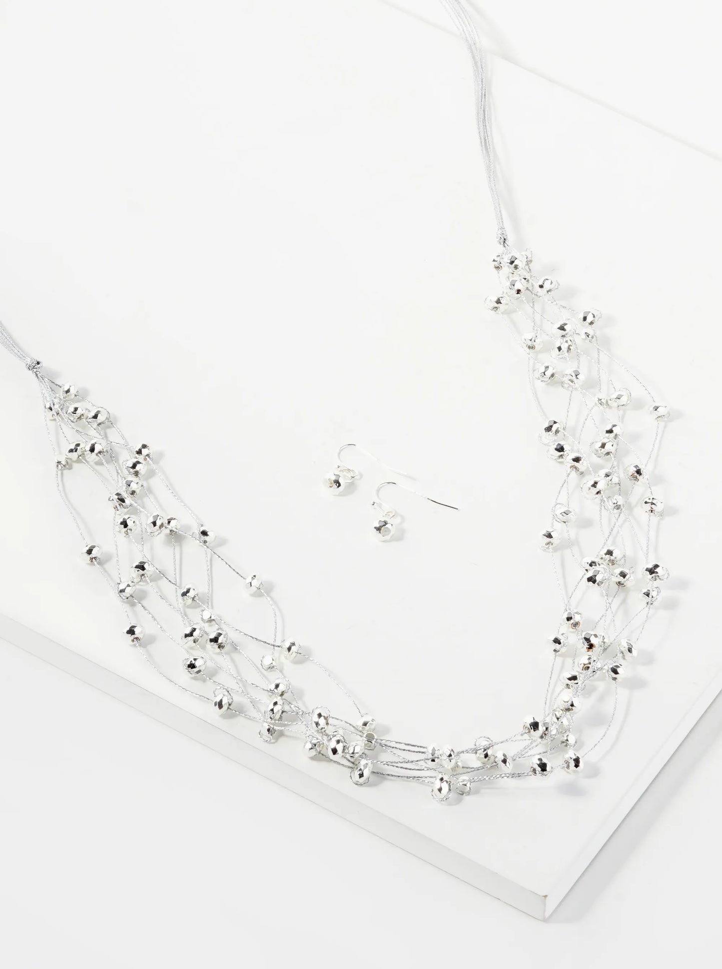 Metallic Beaded Multi-Strand Thread Long Necklace Set With Earrings