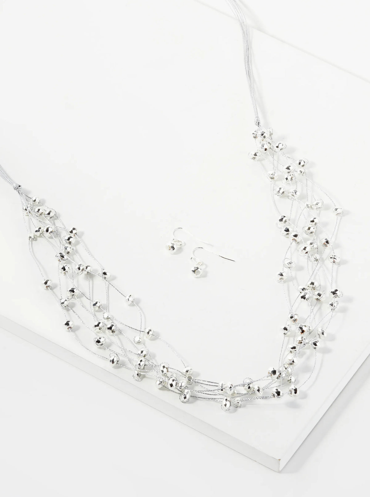 Metallic Beaded Multi-Strand Thread Long Necklace Set With Earrings