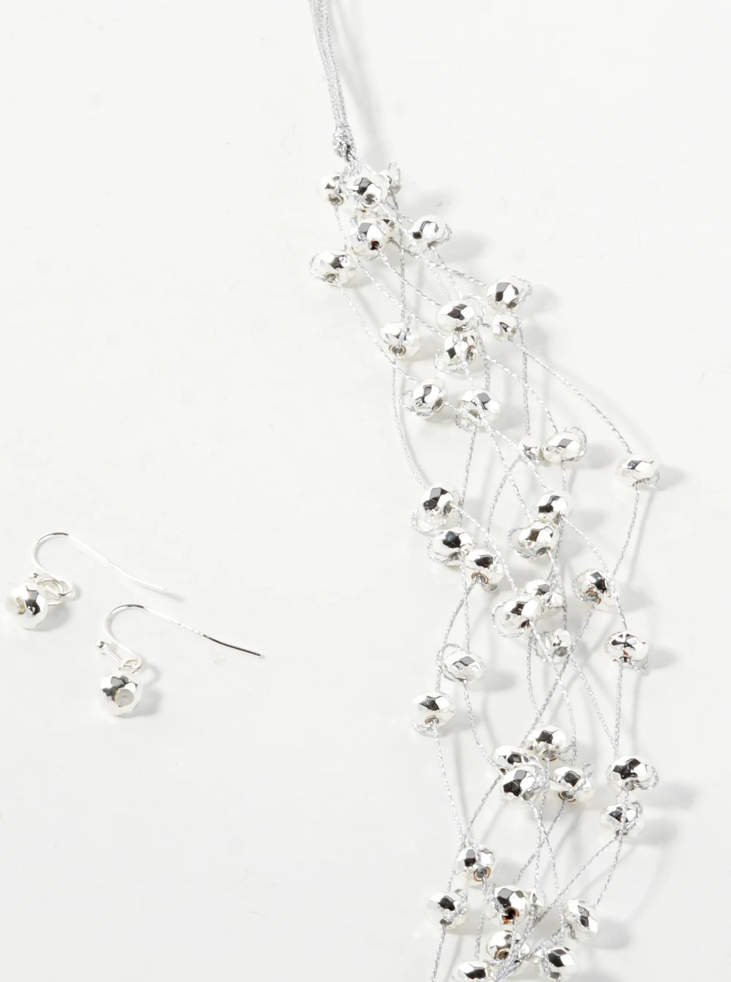 Metallic Beaded Multi-Strand Thread Long Necklace Set With Earrings