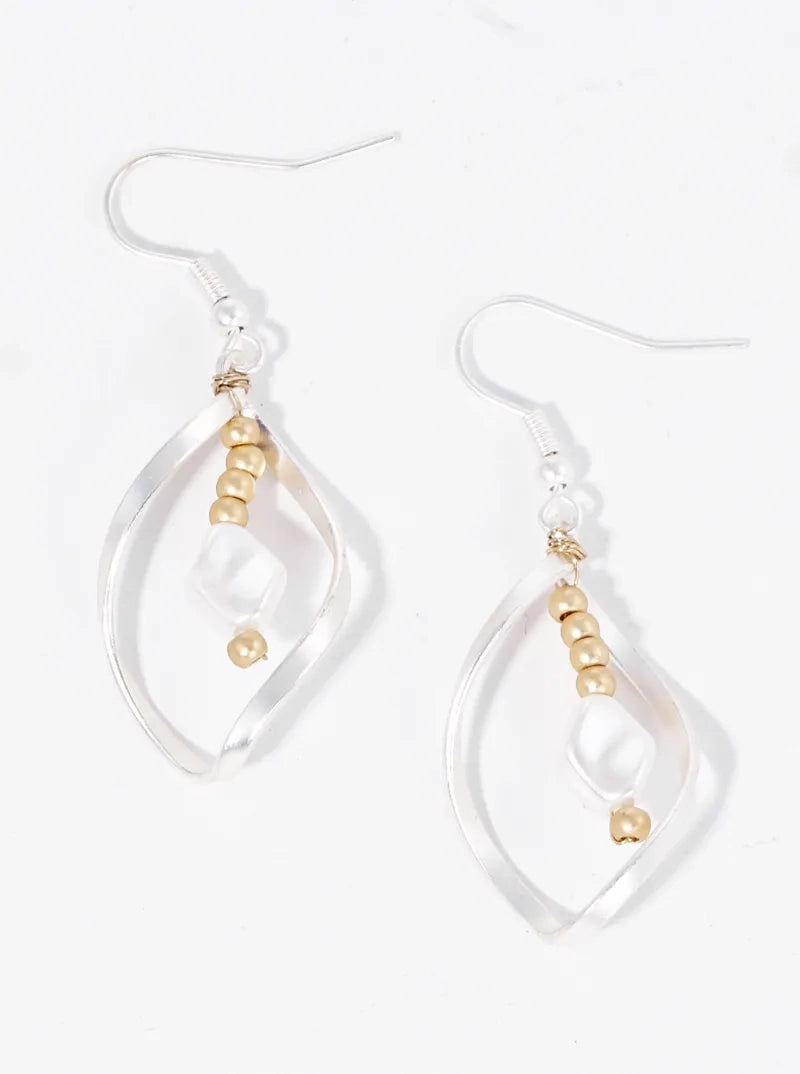 Metallic Beaded Pearl Spiral Dangle Drop Earrings