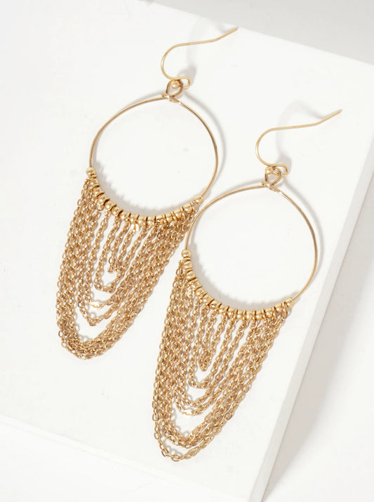 Metallic-Beaded Wire Circle Earrings With Chain Drop