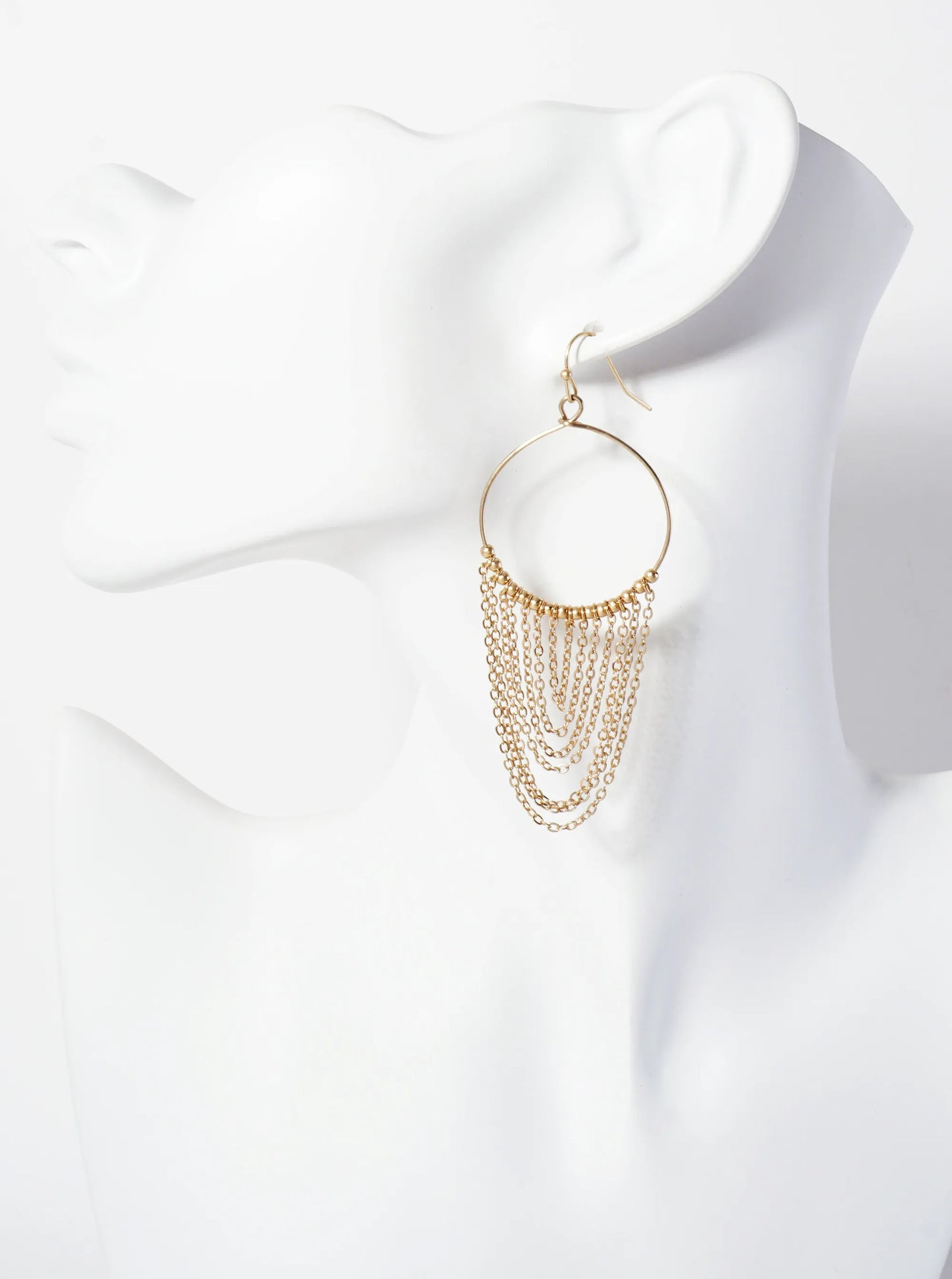 Metallic-Beaded Wire Circle Earrings With Chain Drop