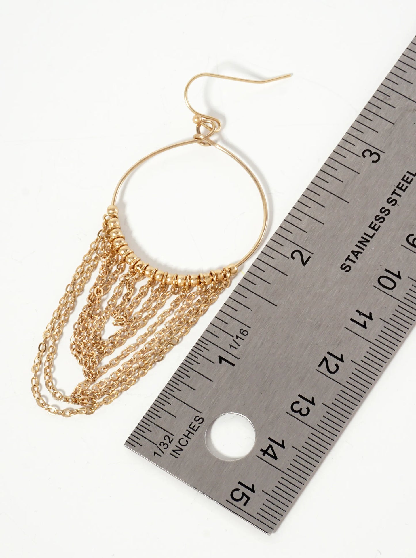 Metallic-Beaded Wire Circle Earrings With Chain Drop