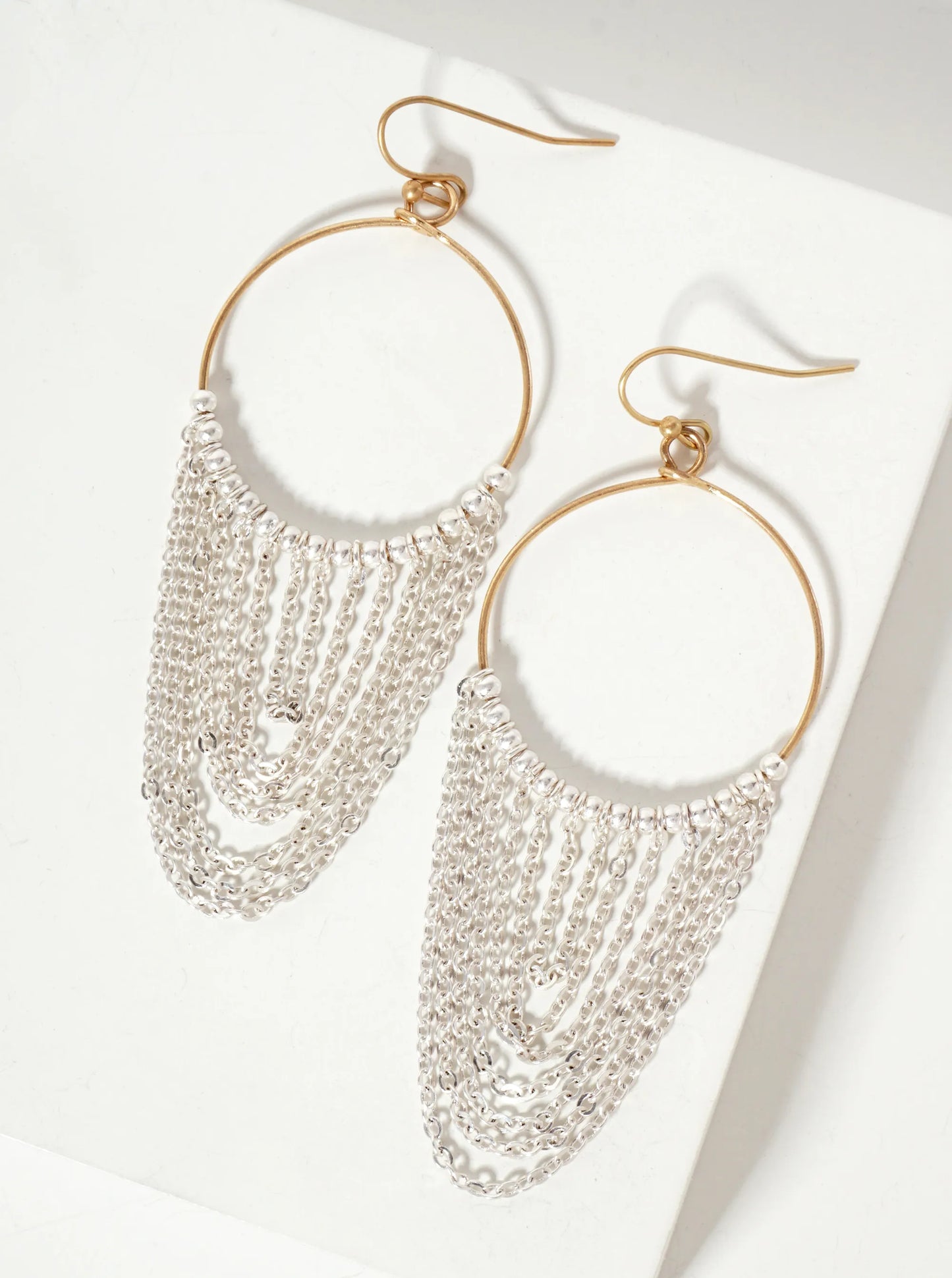 Metallic-Beaded Wire Circle Earrings With Chain Drop