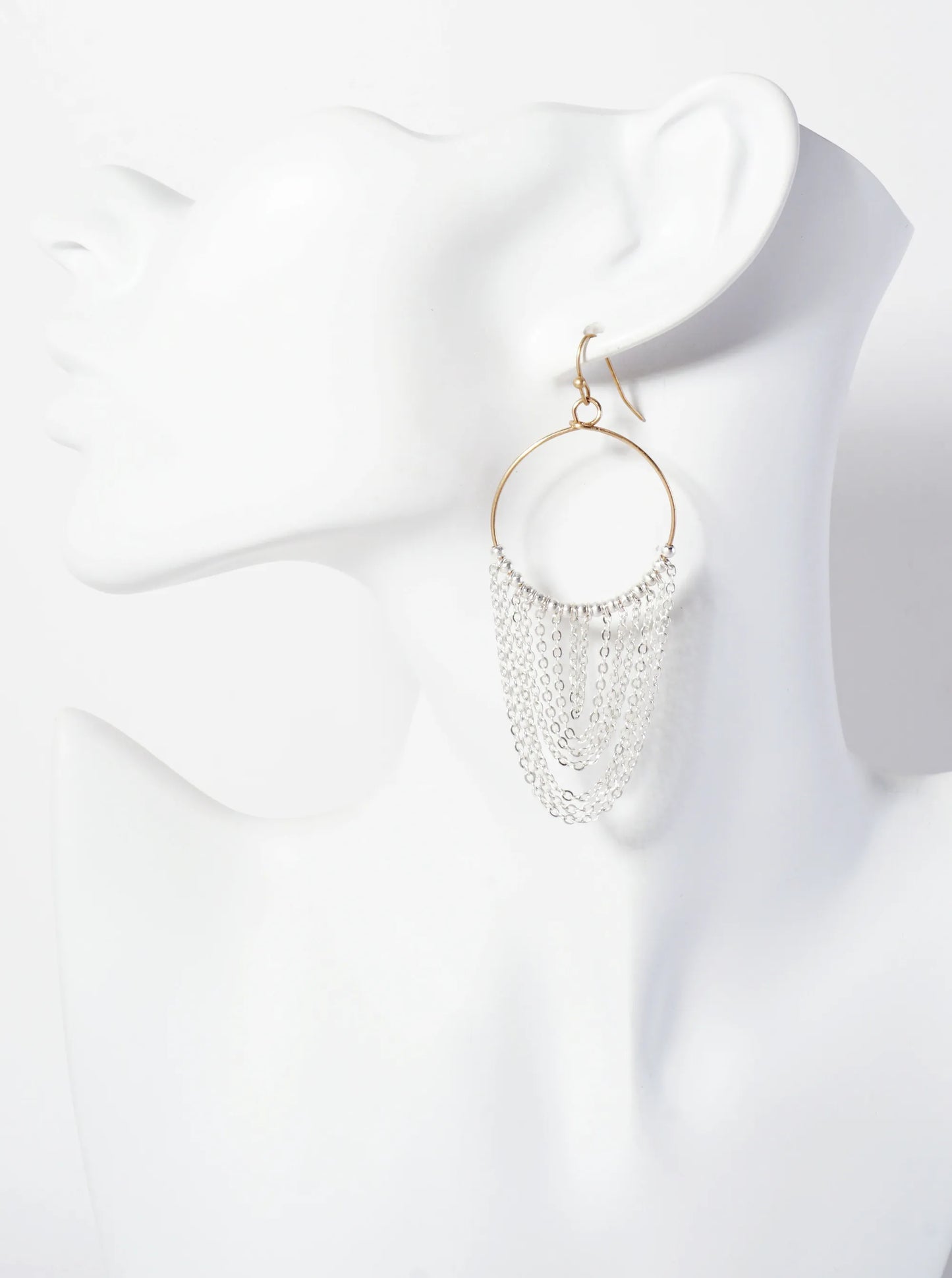 Metallic-Beaded Wire Circle Earrings With Chain Drop