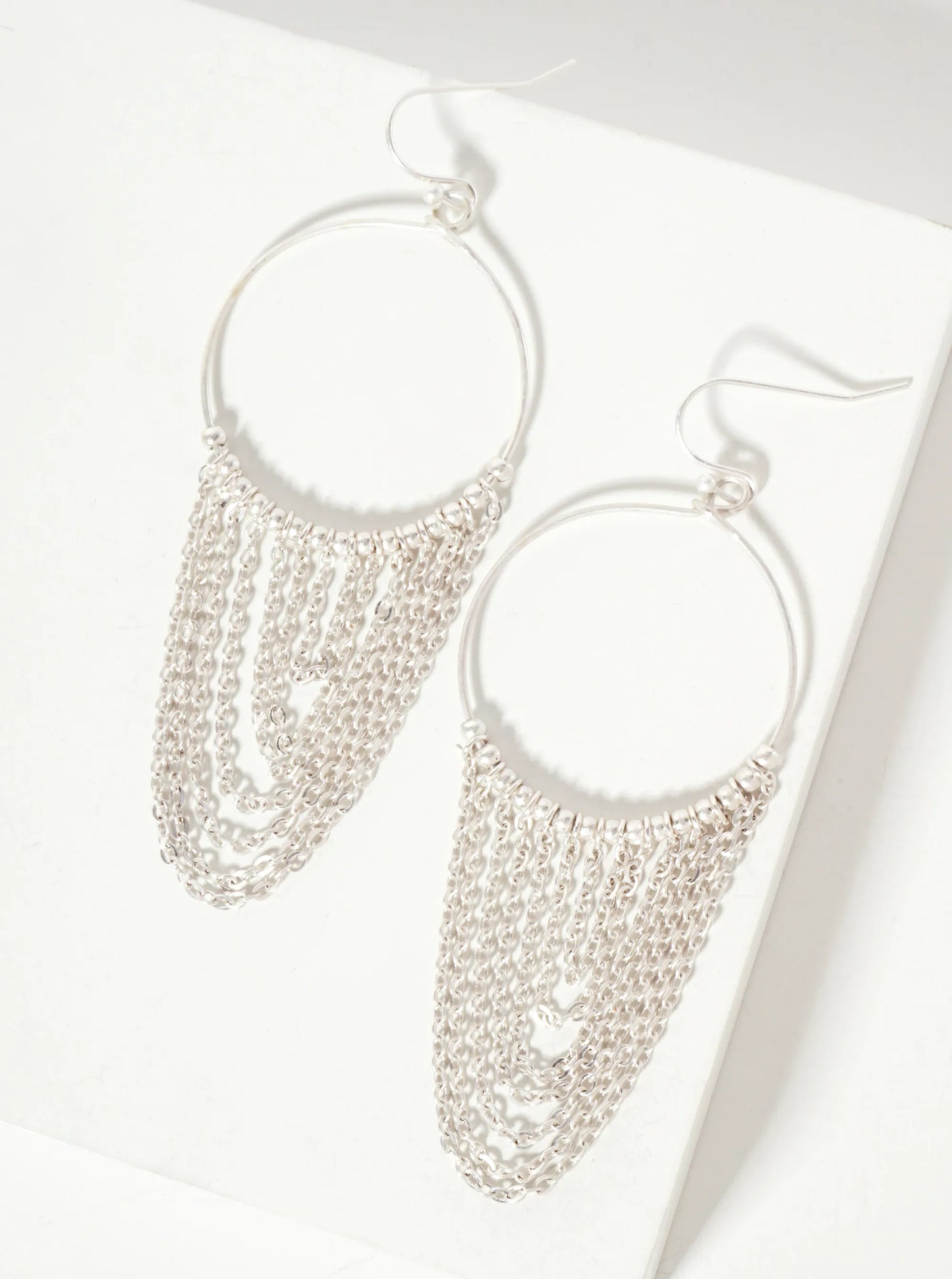 Metallic-Beaded Wire Circle Earrings With Chain Drop