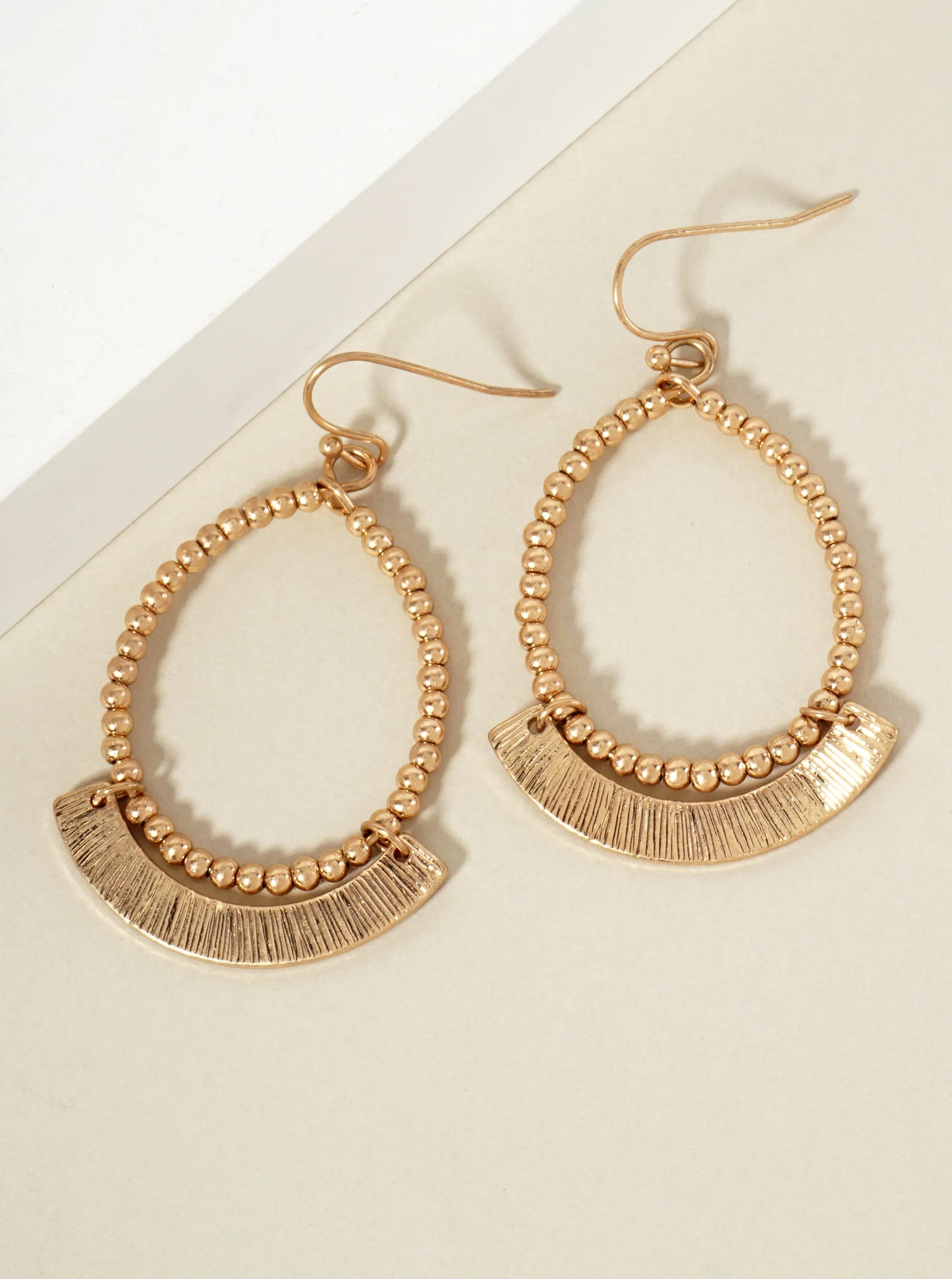Metallic-Beaded Wire Teardrop Dangle Earrings With Textured Arch Drop