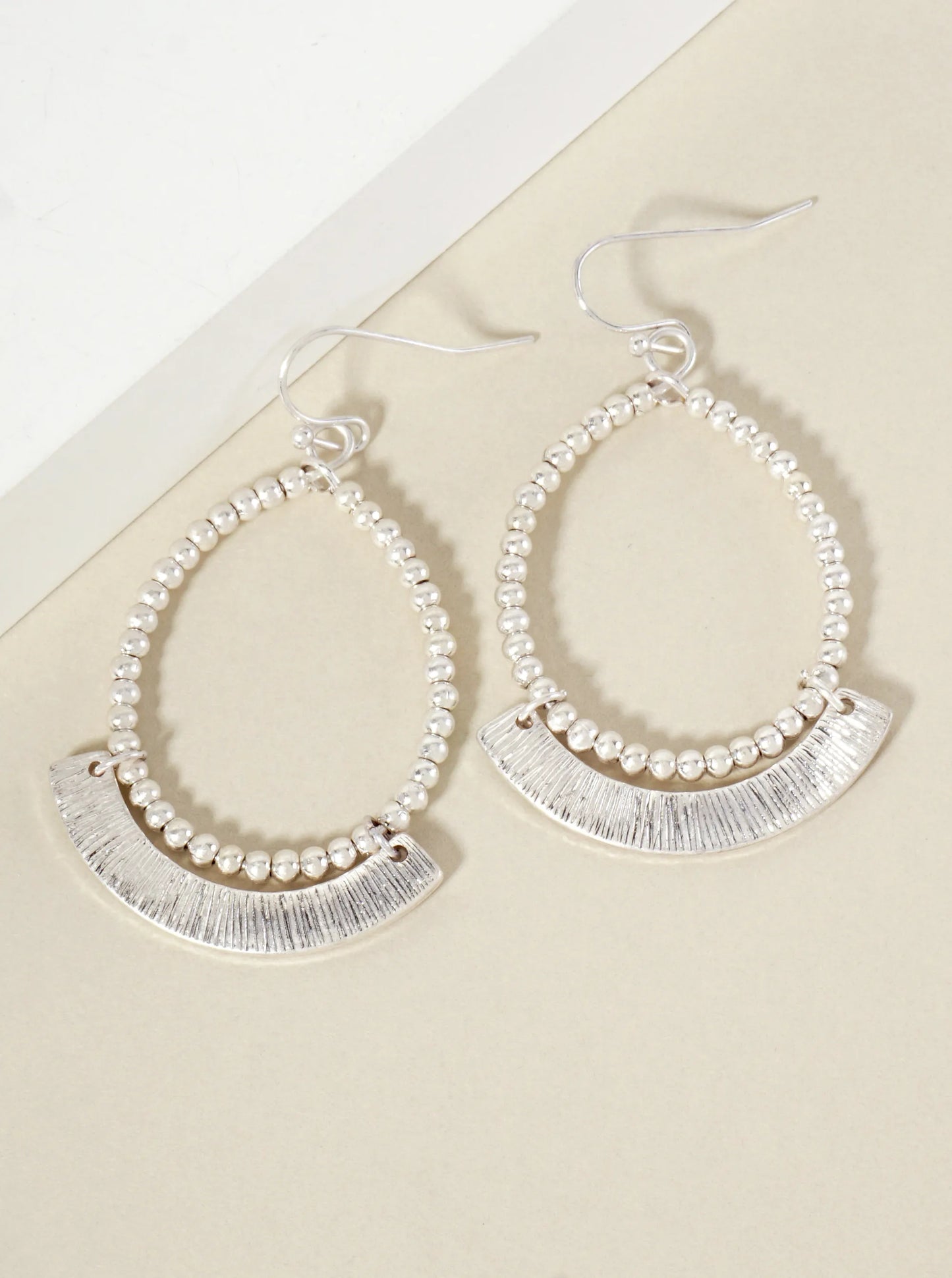 Metallic-Beaded Wire Teardrop Dangle Earrings With Textured Arch Drop