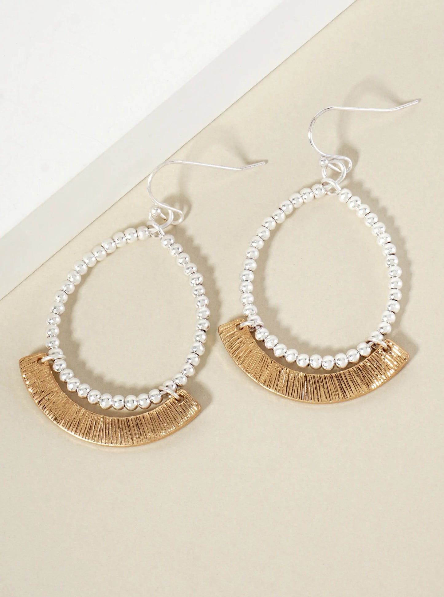 Metallic-Beaded Wire Teardrop Dangle Earrings With Textured Arch Drop
