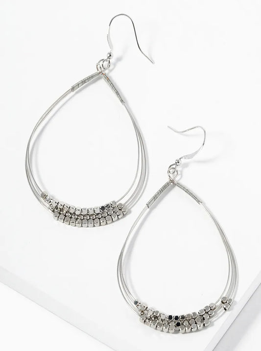 Metallic Beaded Wire Wrapped 3 Teardrops Dangle Drop Earrings