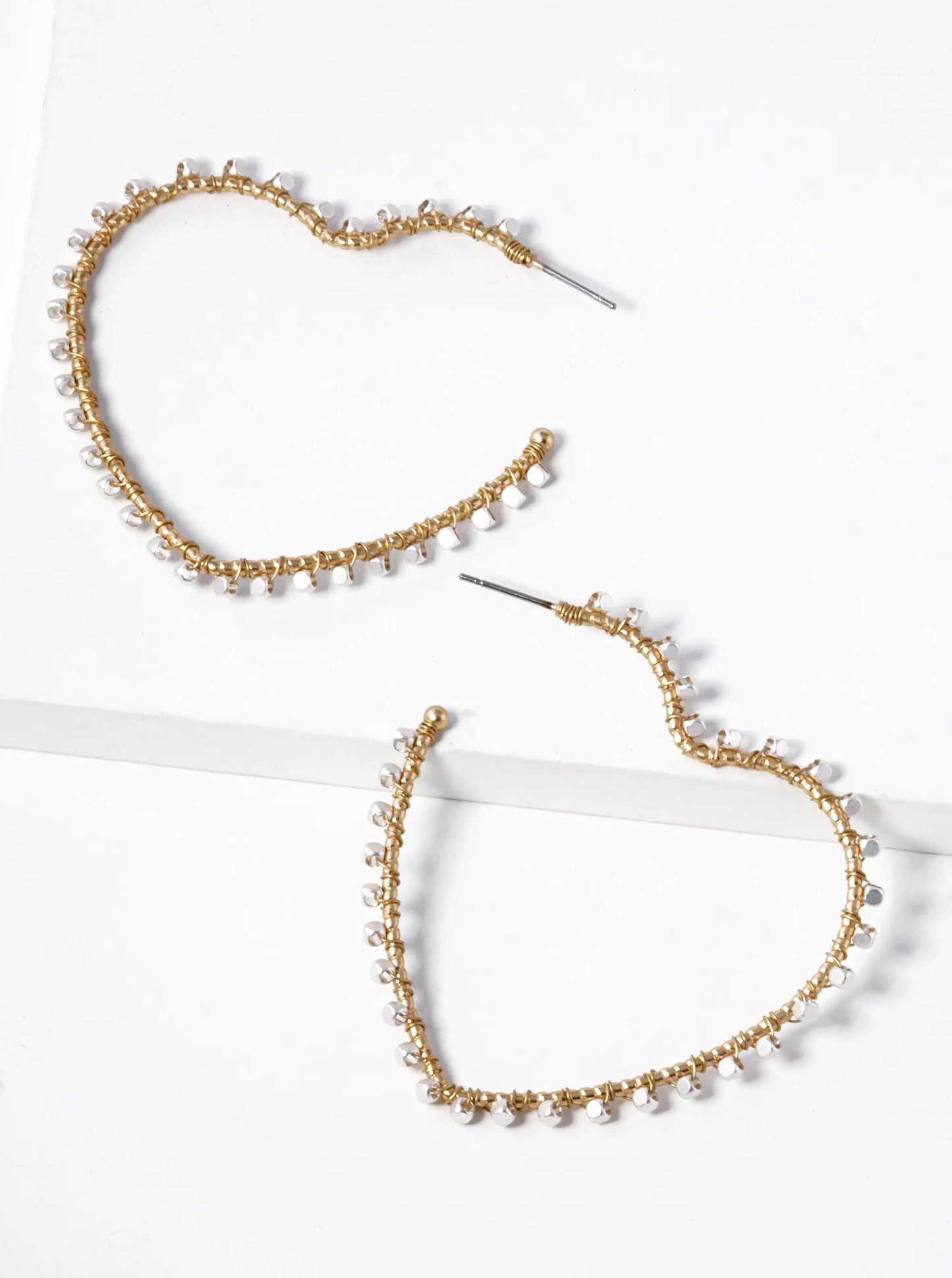 Metallic Seed Beads Wire Wrapped 50mm Heart Shape Hoop Earrings