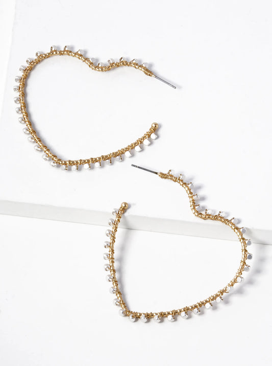 Metallic Seed Beads Wire Wrapped 50mm Heart Shape Hoop Earrings