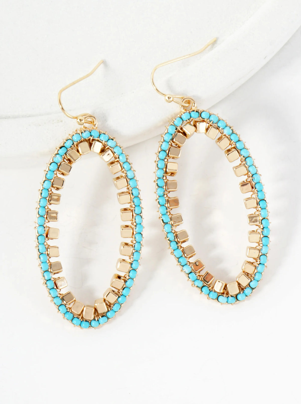 Metallic And Glass-Beads Wire-Wrapped Oval-Shaped Dangle Earrings