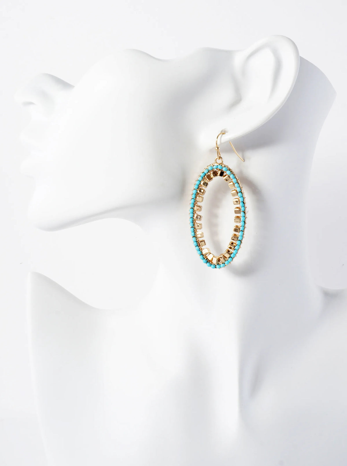 Metallic And Glass-Beads Wire-Wrapped Oval-Shaped Dangle Earrings