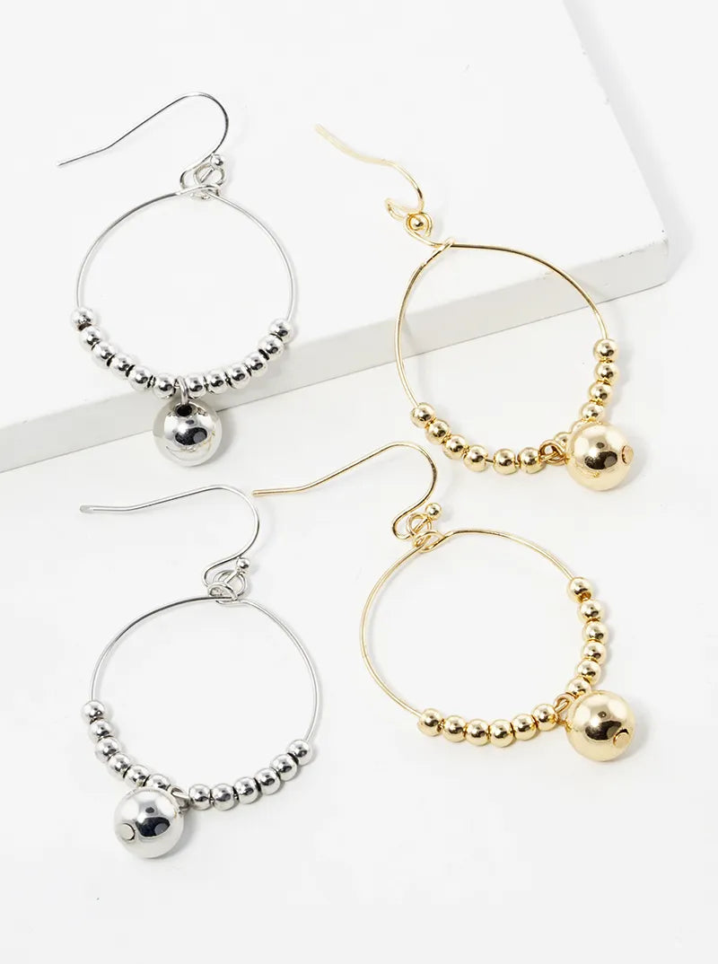 Metallic Ball Bead Drop Wire Circle Dangle Drop Earrings