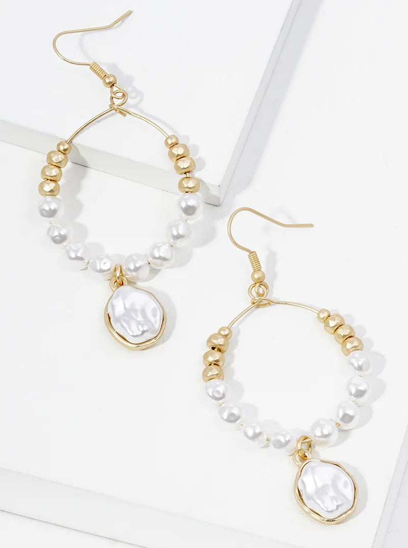 Metallic Bead And Pearl Bead Drop Wire Dangle Drop Earrings