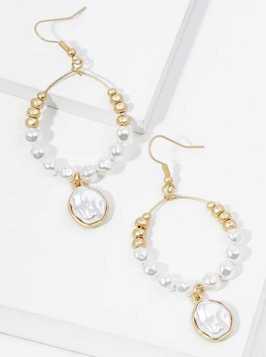 Metallic Bead And Pearl Bead Drop Wire Dangle Drop Earrings