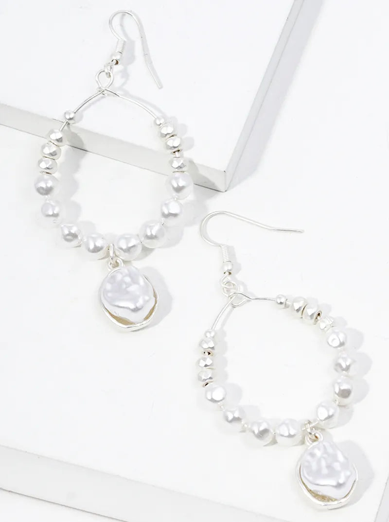 Metallic Bead And Pearl Bead Drop Wire Dangle Drop Earrings