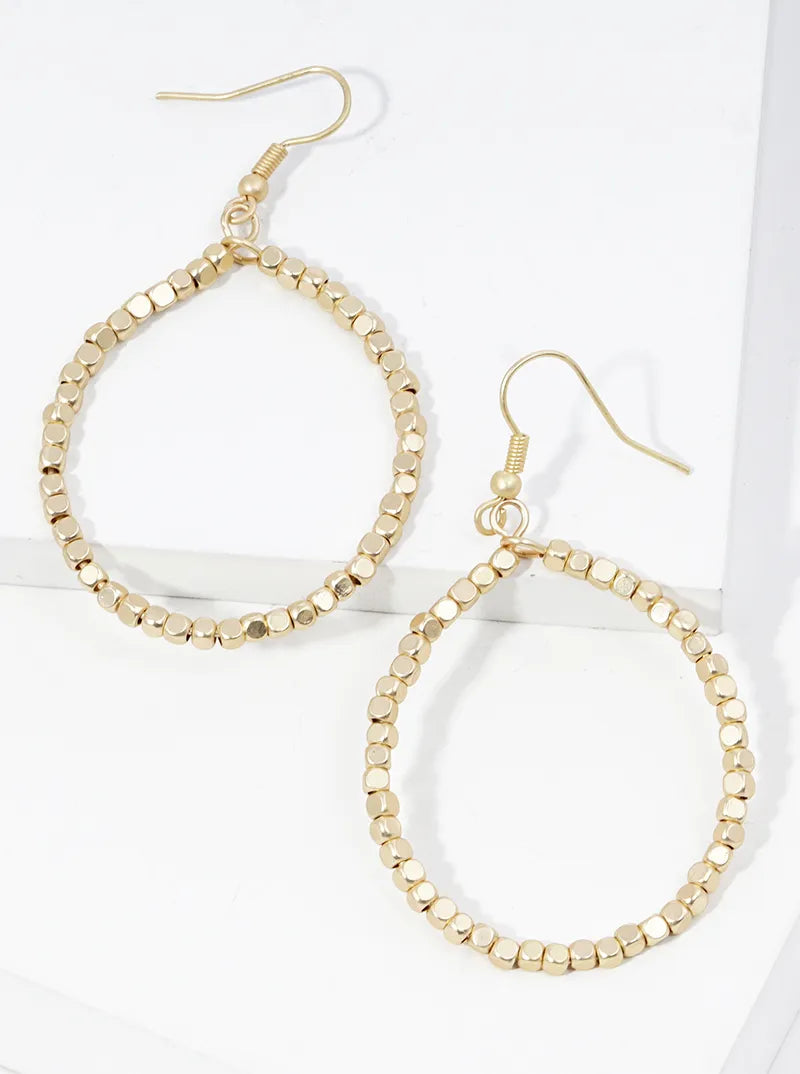 Metallic Beaded Circle Wire Dangle Drop Earrings