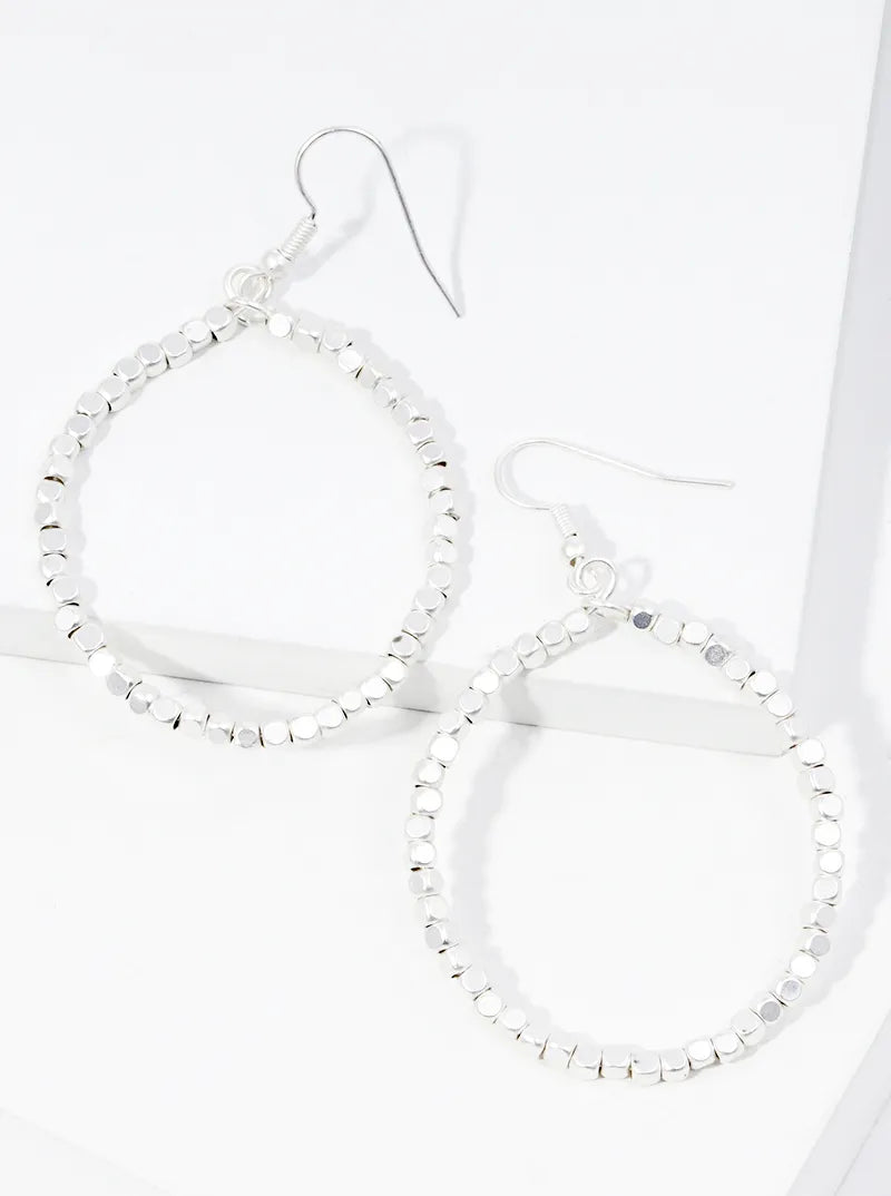 Metallic Beaded Circle Wire Dangle Drop Earrings