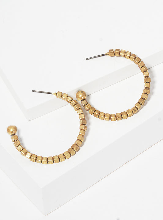 Metallic Square Beaded Lightweight Wire Open Hoop Earrings