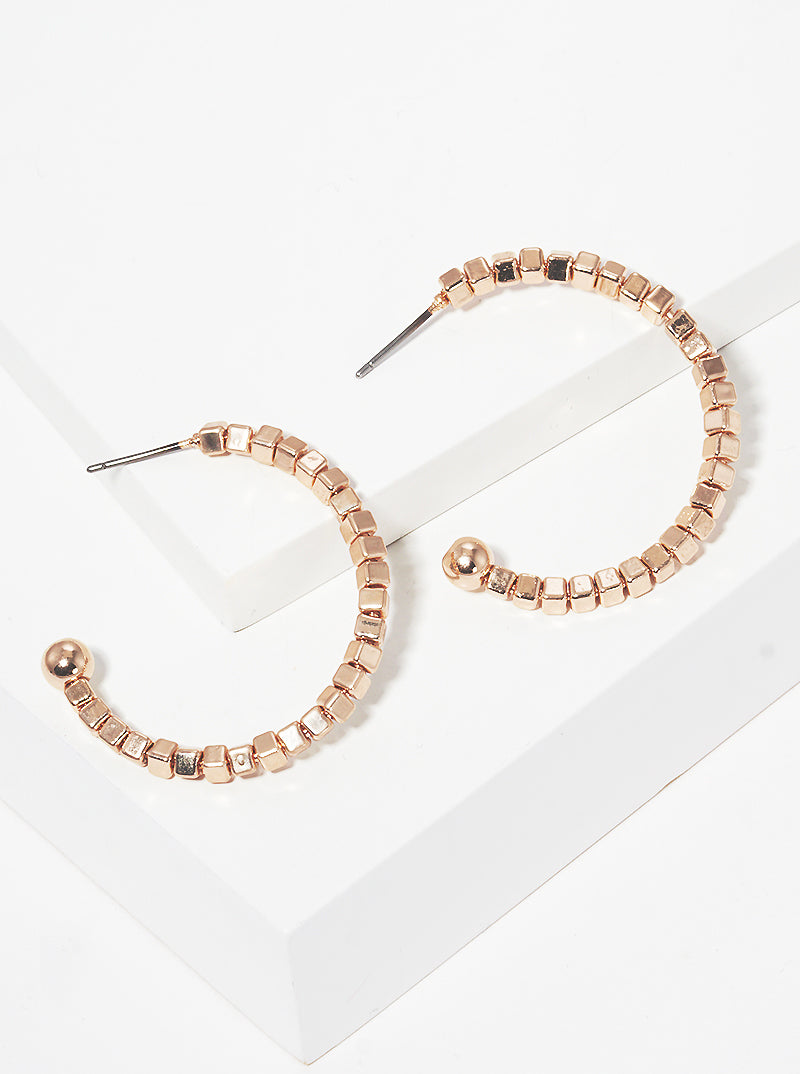 Metallic Square Beaded Lightweight Wire Open Hoop Earrings