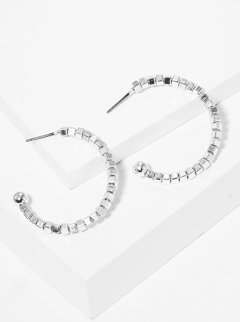 Metallic Square Beaded Lightweight Wire Open Hoop Earrings