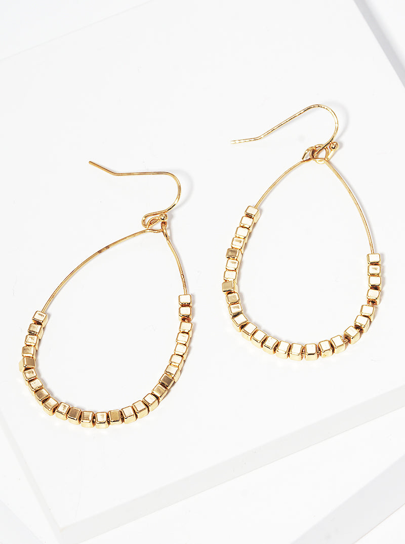 Metallic Square Beaded Wire Teardrop Dangle Drop Earrings