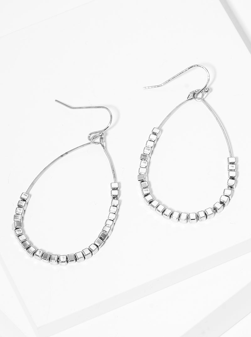 Metallic Square Beaded Wire Teardrop Dangle Drop Earrings